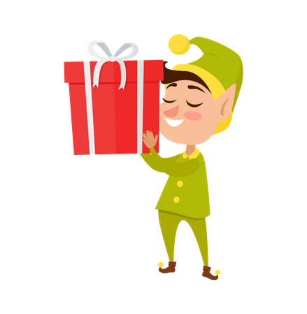 Happy Elf with big Present  Illustration