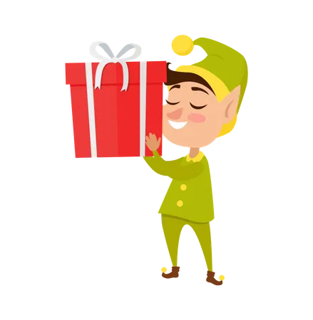 Happy Elf With Big Present On White Background Worn In Green With Yellow Costumes And Hat Vector Illustration Of Pixies With Gift Pack For Children Santas Helper And Red Present Box With White Bow Illustration
