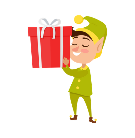 Happy Elf with big Present  Illustration