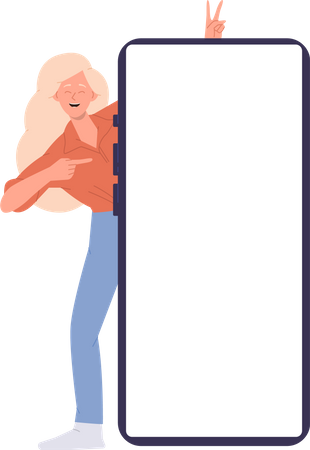 Happy emotional woman peeking out from behind smartphone pointing at empty white display  イラスト