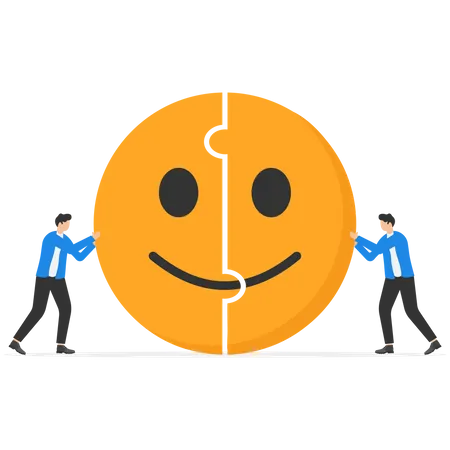 Happiness In The Workplace Emotional Intelligence Or Mental Wellbeing Customer Satisfaction Or Review Feedback Concept Young Cheerful People Completed Happy Smiley Face Jigsaw As A Joyful Symbol Illustration