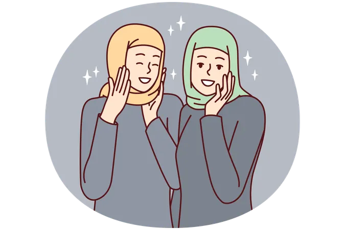 Happy ethnic muslim women with arabian or islamic headscarves covering hair  Illustration