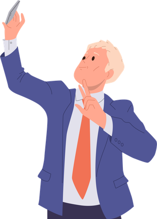 Happy excited businessman holding smartphone taking selfie photo on mobile camera  Illustration