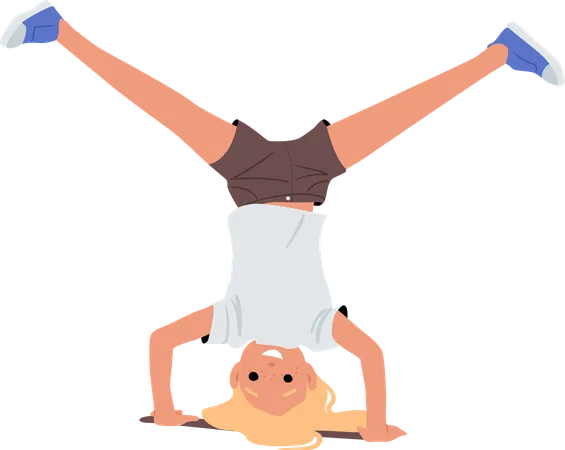 Happy excited girl standing upside down on hands and head  Illustration