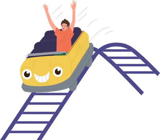 Happy Excited Teenager Boy Riding Rollercoaster Racing Along Rails Having Fun In Amusement Park Russian Mountains Attraction Extreme Carousel Playful Time And Leisure Activity Vector Illustration Illustration