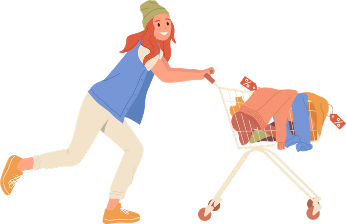 Happy excited woman shopaholic pushing trolley cart with fashion clothes purchased with discount  Illustration