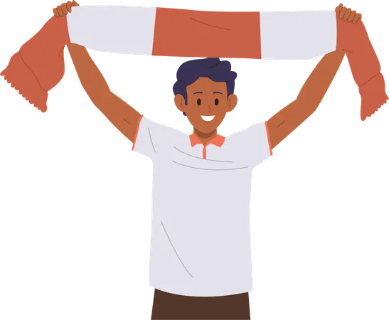 Happy excited young schoolboy football fan personage holding raised scarf  Illustration