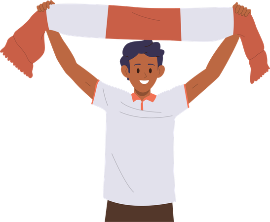 Happy excited young schoolboy football fan personage holding raised scarf  Illustration