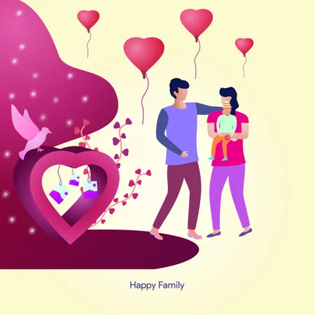 幸せな家族のイラスト、愛の風船を背景に子供を抱く母親のコンセプトは、 Web、 UI、バナー、テンプレート、背景、チラシ、ポスターに使用できます ベクター イラスト