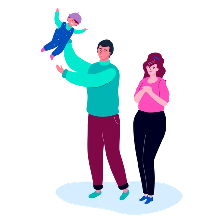 Happy Family Colorful Flat Design Style Illustration On White Background High Quality Composition With Male Female Characters Young Parents And Their Kid Father Playing With A Child Son 일러스트레이션