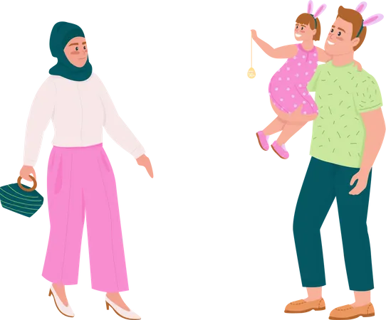 Happy Family Flat Color Vector Detailed Character Set Muslim Woman Father And Daughter In Bunny Ears Spring Holiday Isolated Cartoon Illustration For Web Graphic Design And Animation Collection Illustration
