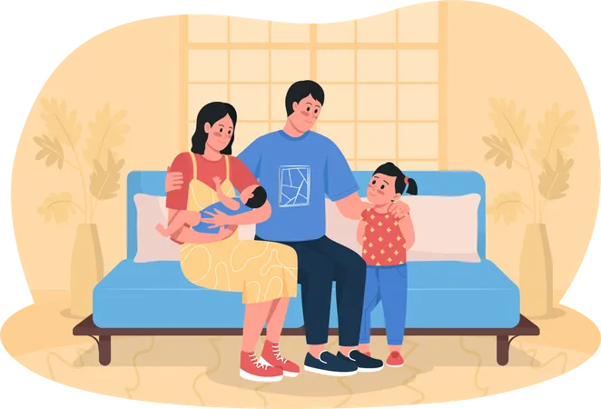Happy Family 2 D Vector Isolated Illustration Sister Meet Infant Brother Smiling Parents With Children Flat Characters On Cartoon Background Healthy Realtionships Colourful Scene Illustration