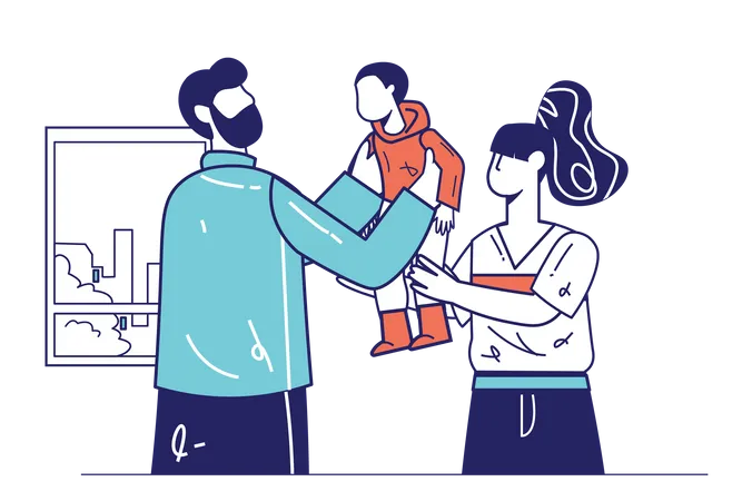 Healthy Families Concept In Flat Line Design For Web Banner Father And Mother Holding And Hugging Little Son Good Relationship Modern People Scene Vector Illustration In Outline Graphic Style Illustration