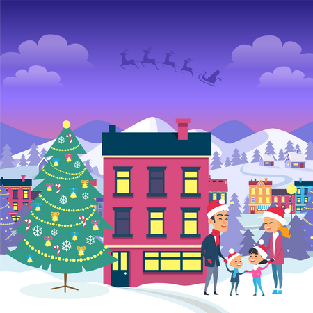 Happy Family and Fir Tree on Night City  Illustration