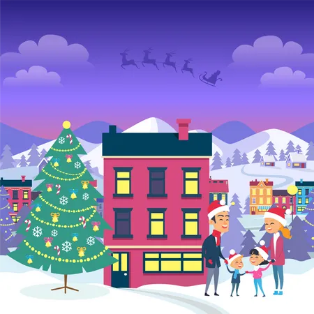 Happy Family And Fir Tree On Night City Background Vector Illustration Of Emblem Of Flying Gray Santa In Sleigh Harnessed By Strong Reindeers Behind House White Fir Trees Mountains And Buildings Illustration