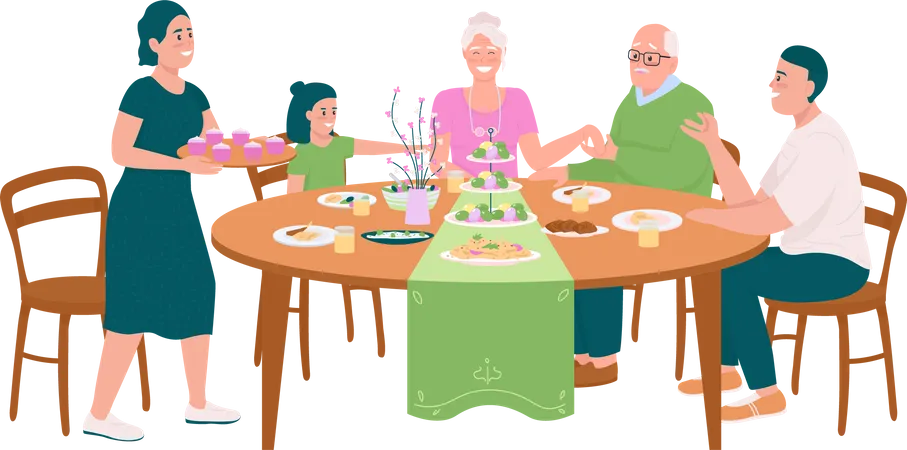 Happy Family At Dining Table For Easter Flat Color Vector Detailed Characters Festive Dinner Spring Holiday Celebration Isolated Cartoon Illustration For Web Graphic Design And Animation Illustration