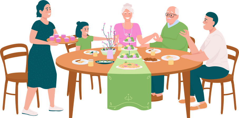 Happy family at dining table for Easter  Illustration