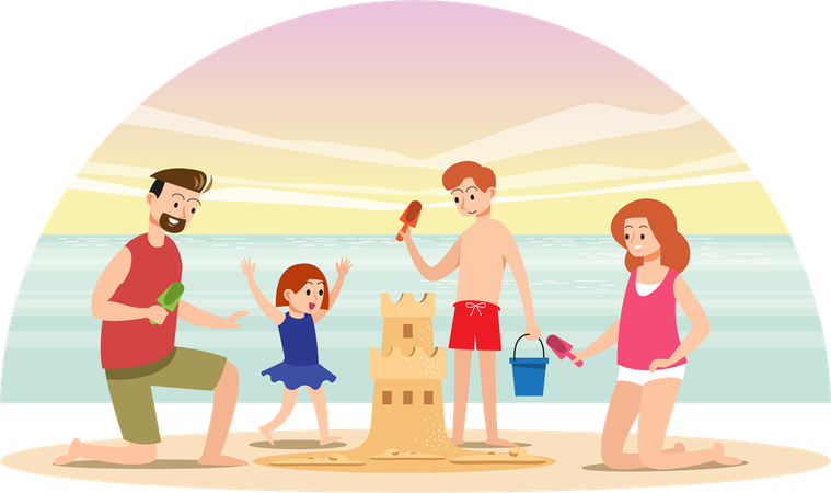 Family building sandcastle together on holiday  イラスト