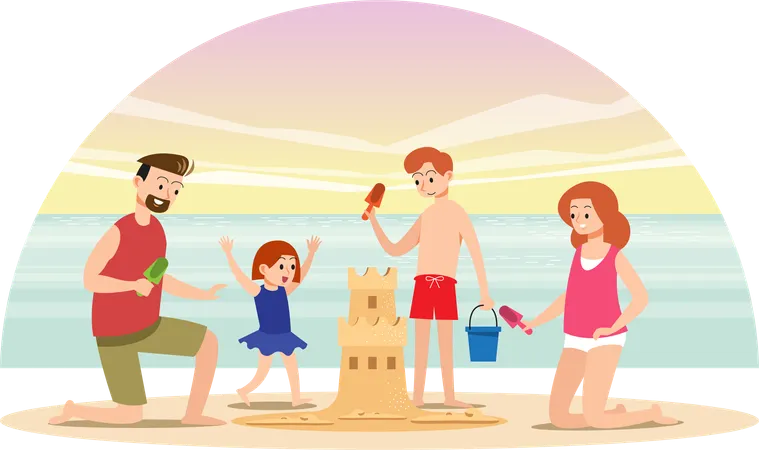 Family building sandcastle together on holiday  イラスト