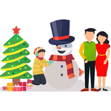 Happy family building snowman  Illustration