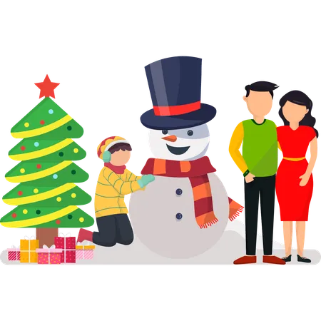 Happy family building snowman  イラスト