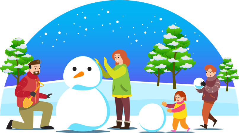 Family building snowman together  Illustration