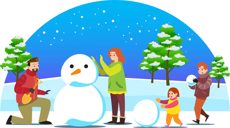 Family building snowman together  Illustration