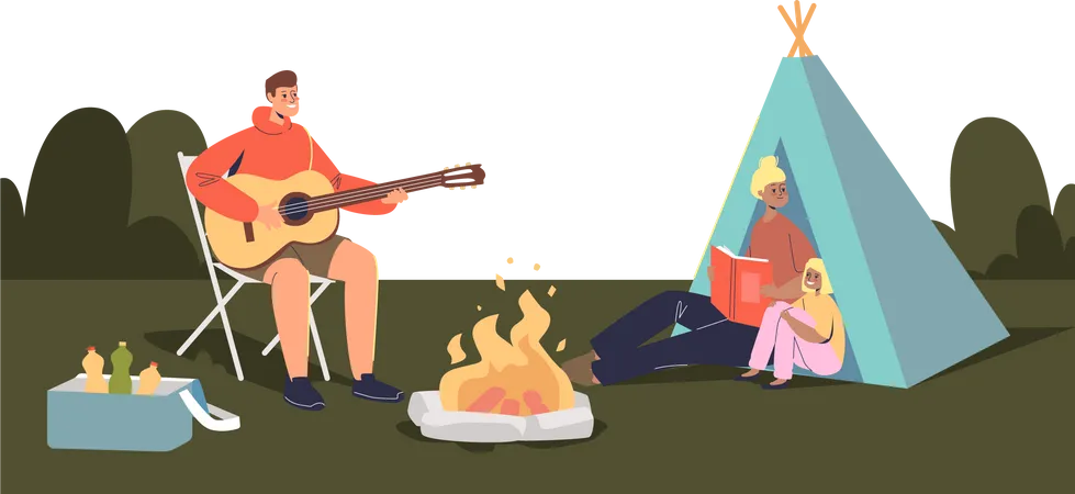 Happy family camping together: parents and kid sitting around camp fire and tent Illustration