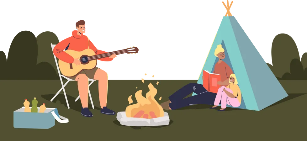 Happy family camping together: parents and kid sitting around camp fire and tent  Illustration