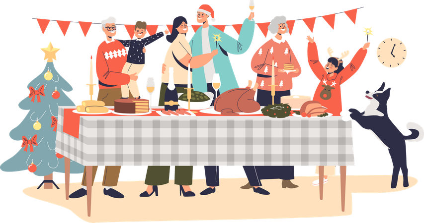 Happy family celebrate christmas gathering together  Illustration