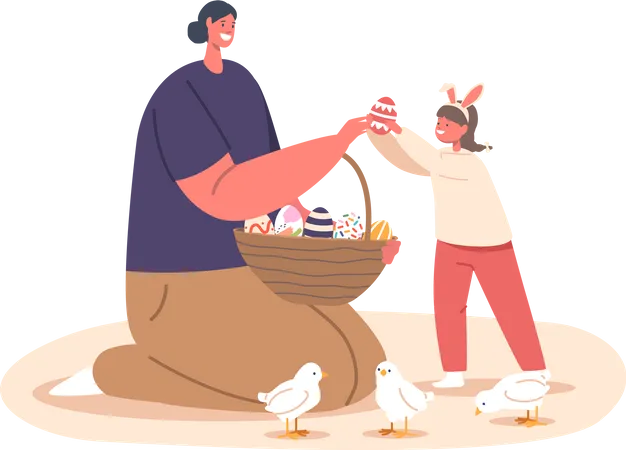 Happy Family Celebrate Easter Mother With Basket Full Of Painted Eggs Giving One To Child Girl Wear Rabbit Ears Mom And Baby During Traditional Festive Event Cartoon People Vector Illustration Illustration
