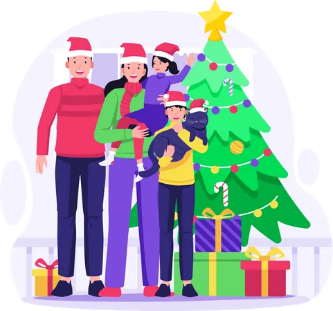 Happy Family Celebrates Christmas And New Year Near The Christmas Tree With Gifts Merry Christmas And Happy New Year Vector Illustration In Flat Style Illustration