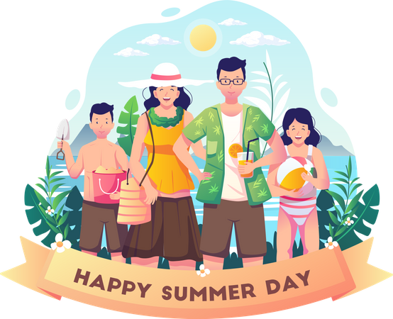 Happy family celebrates summer day on the beach  Illustration