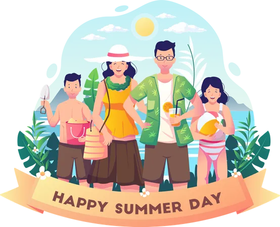 Happy family celebrates summer day on the beach  Illustration