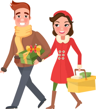 Merry Christmas Couple Returns From Shopping With Packages Happy Young Family Getting Ready To Xmas Eve Man And Woman With Bags Isolated Vector Illustration