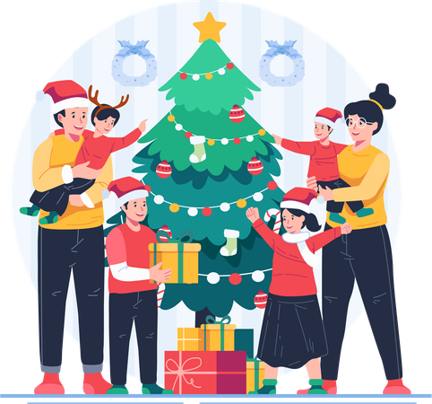 Happy Family Celebrating Christmas With a Christmas Tree and Gifts  Illustration