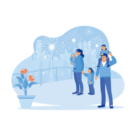 Happy Family Celebrating New Years Eve By Watching Fireworks Outside House In Winter  Illustration