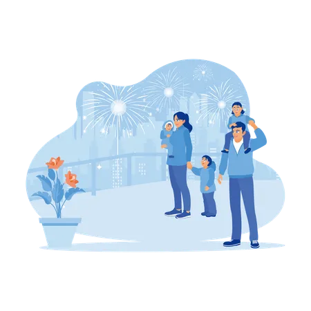 Happy Family Celebrating New Years Eve By Watching Fireworks Outside House In Winter  Illustration