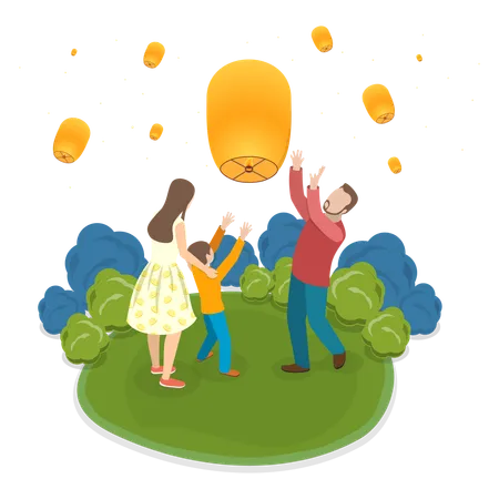 Happy family celebrating Sky Lantern Festival  Illustration