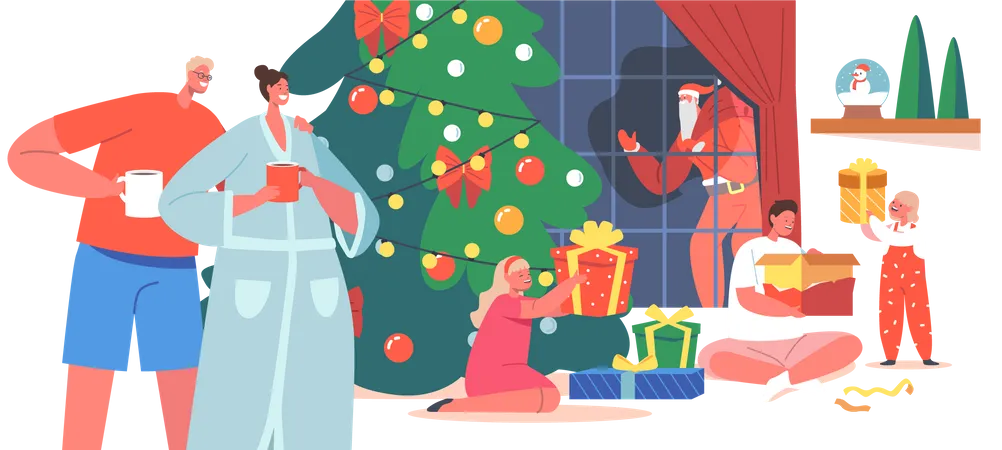 Happy Family Celebration Christmas At Home Illustration