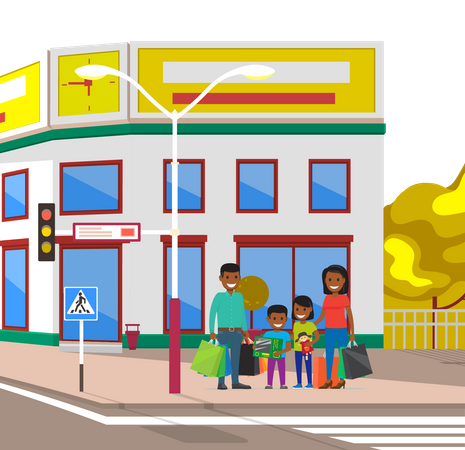 Happy Family crossing road after shopping  Illustration