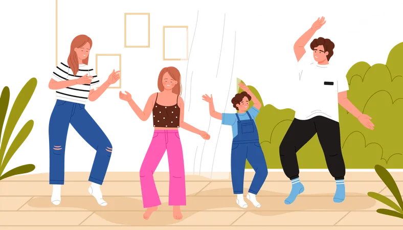 Happy Family People Dance In Cozy Home Interior Enjoy Music Young Father And Mother Son And Daughter Jumping Dancers Dancing Together Near Open Balcony With Fresh Air Cartoon Vector Illustration Illustration