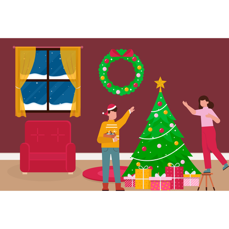 Happy family decorating christmas tree  イラスト