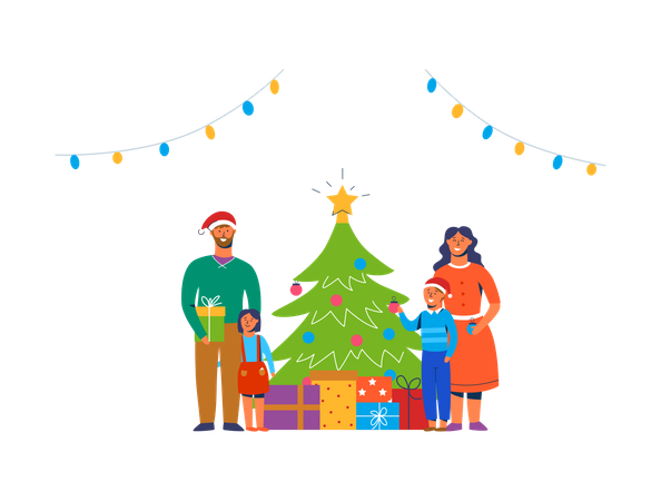 Happy Family Decorating Christmas Tree Illustration