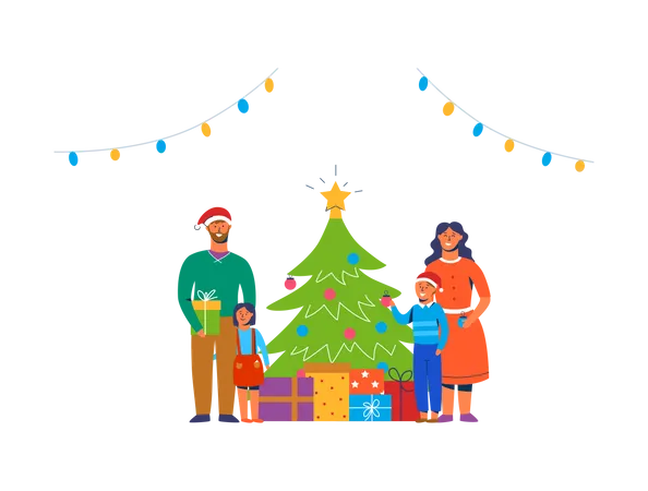 Happy Family Decorating Christmas Tree  Illustration