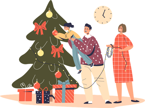 Happy family decorating christmas tree Illustration