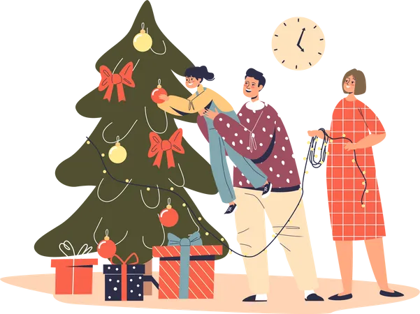 Happy Family Decorating Christmas Tree Dad Holding Little Daughter Hanging Decoration Ball On Xmas Pine Parents And Kid Preparing For Winter Holidays Cartoon Flat Vector Illustration Illustration