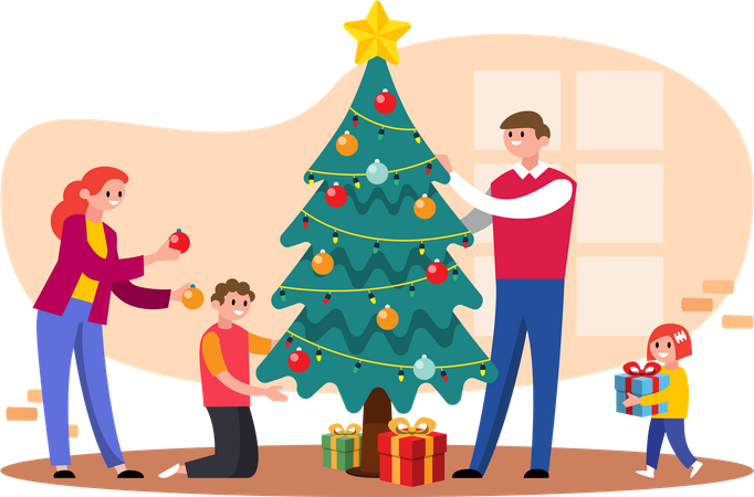 Happy Family decorating Christmas tree  Illustration