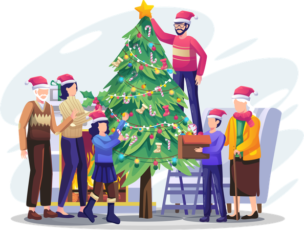 Happy family decorating Christmas tree  Illustration