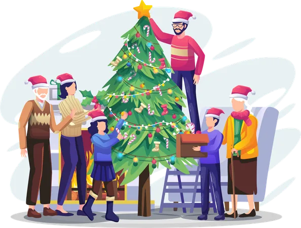 Happy family decorating Christmas tree  Illustration